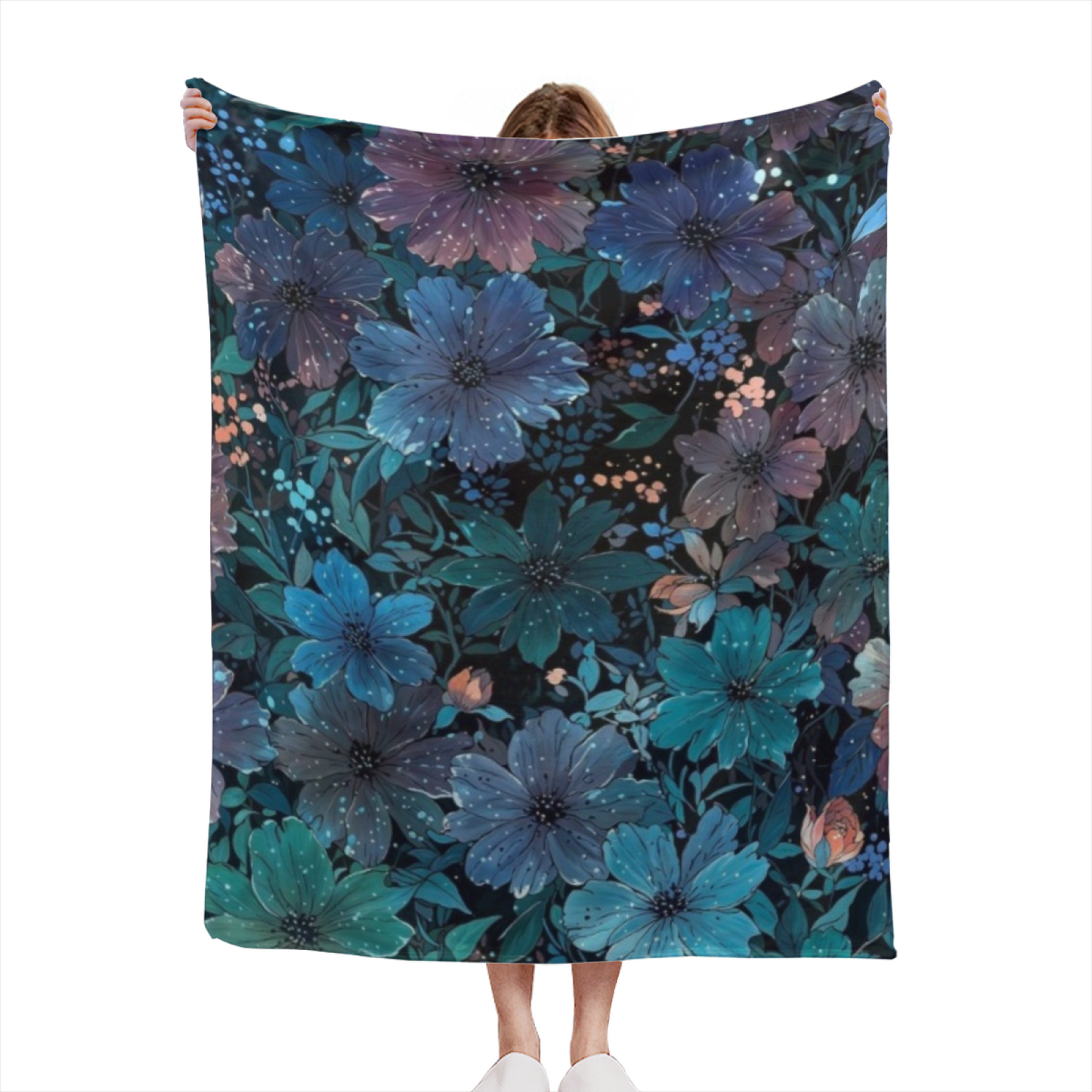 Dark Blue Floral Flannel Throw Blanket ¨C Elegant Botanical Garden Print