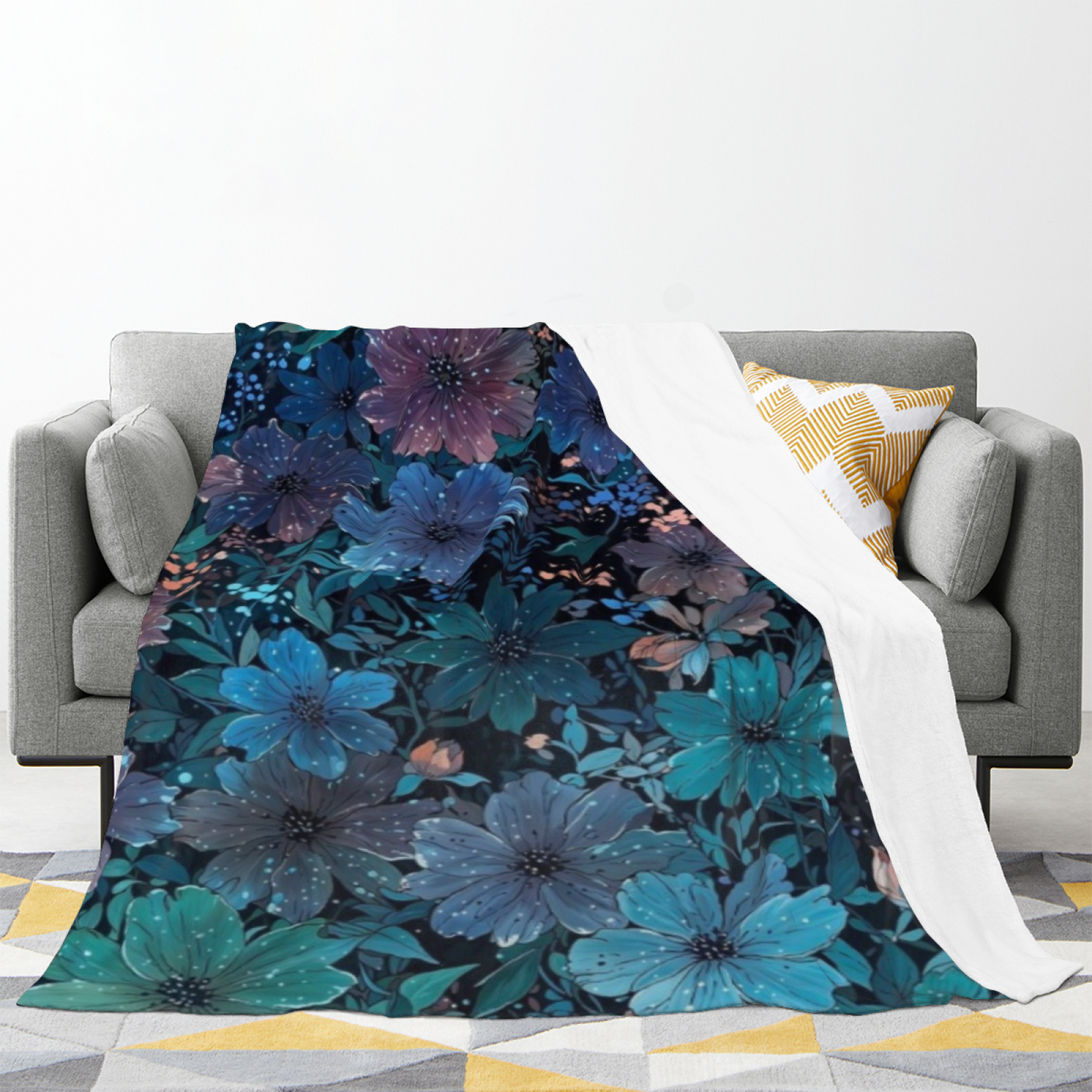 Dark Blue Floral Flannel Throw Blanket ¨C Elegant Botanical Garden Print