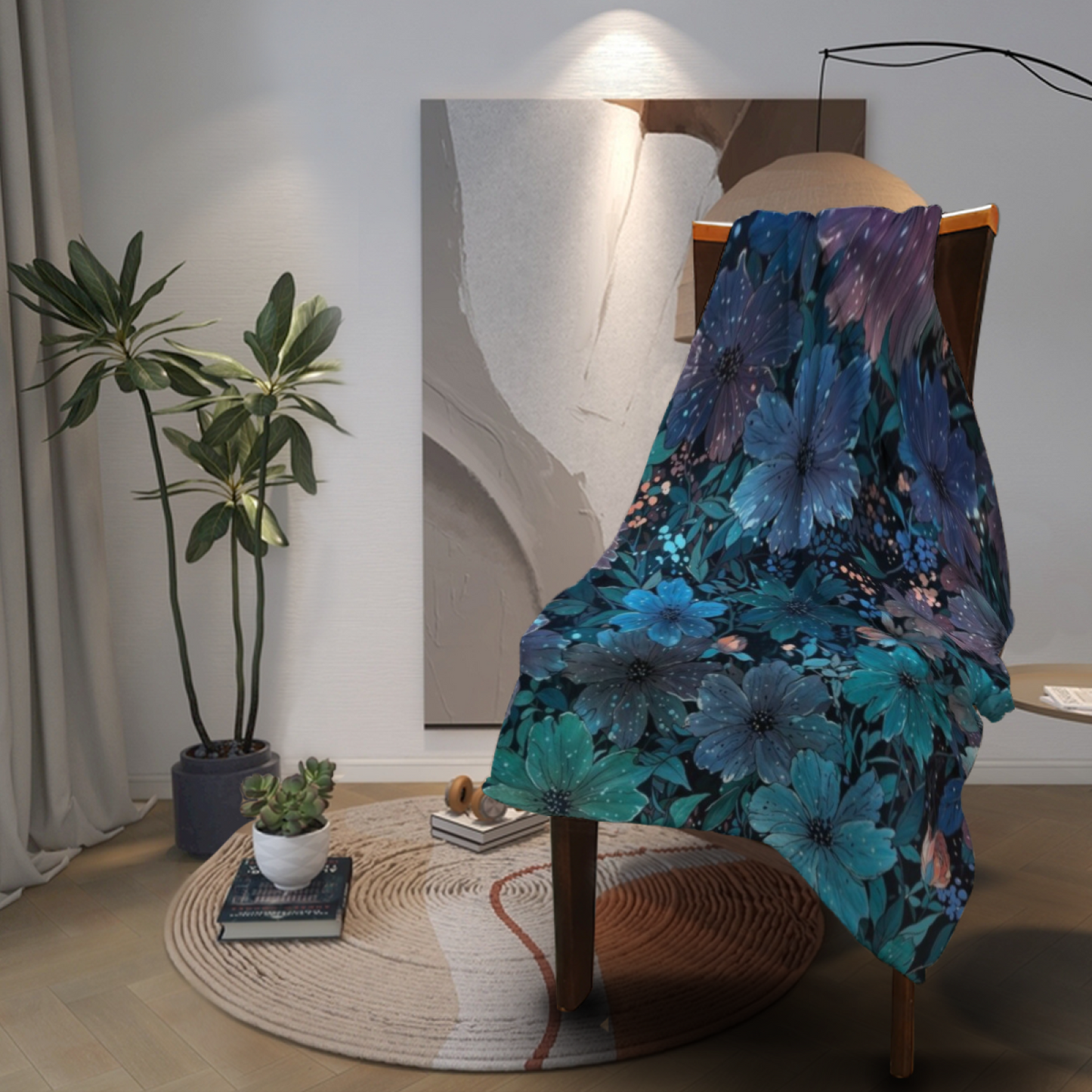 Dark Blue Floral Flannel Throw Blanket ¨C Elegant Botanical Garden Print
