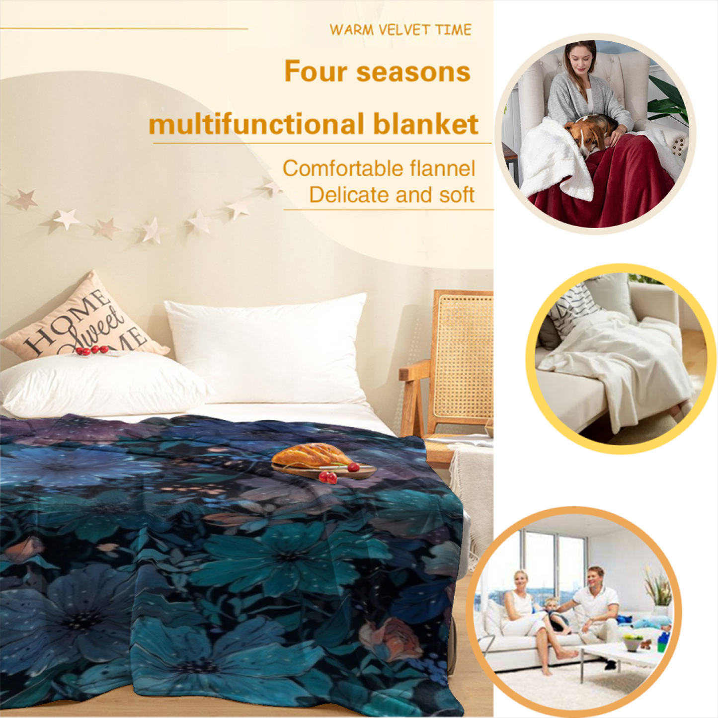 Dark Blue Floral Flannel Throw Blanket ¨C Elegant Botanical Garden Print