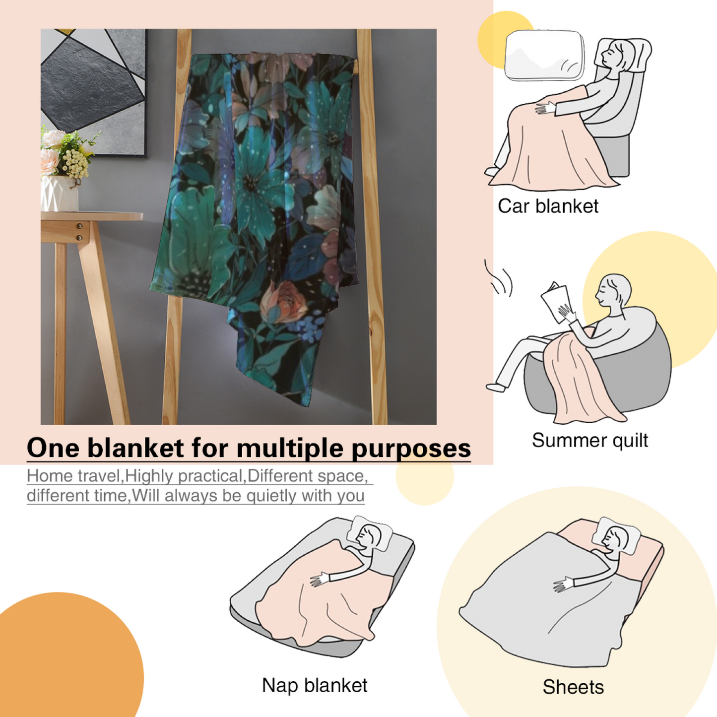 Dark Blue Floral Flannel Throw Blanket ¨C Elegant Botanical Garden Print