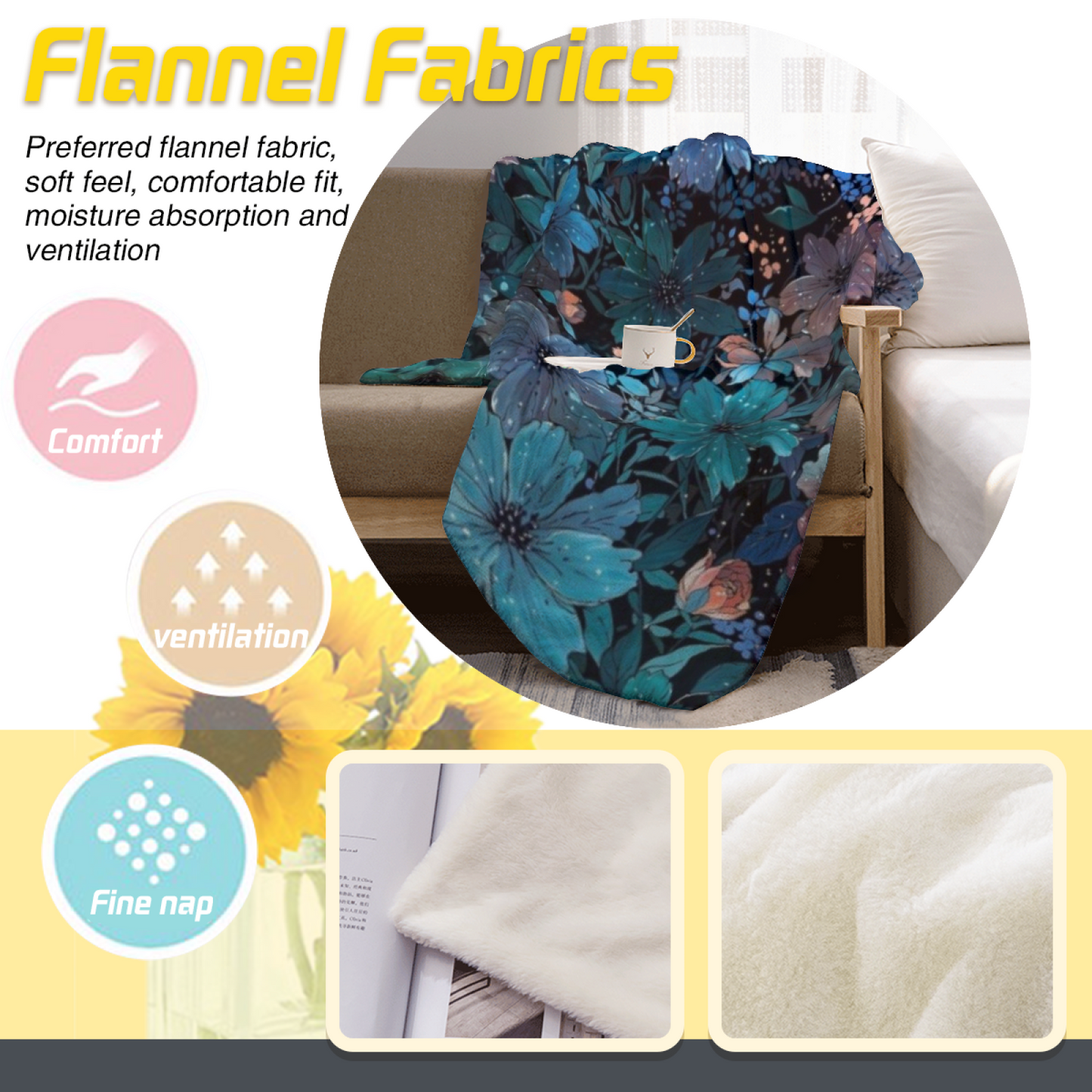 Dark Blue Floral Flannel Throw Blanket ¨C Elegant Botanical Garden Print