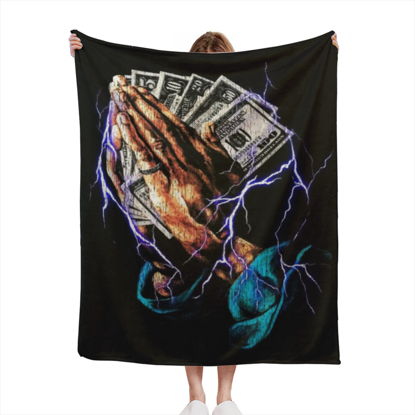 Praying Hands and Money Flannel Throw Blanket ¨C Lightning Streetwear Graphic