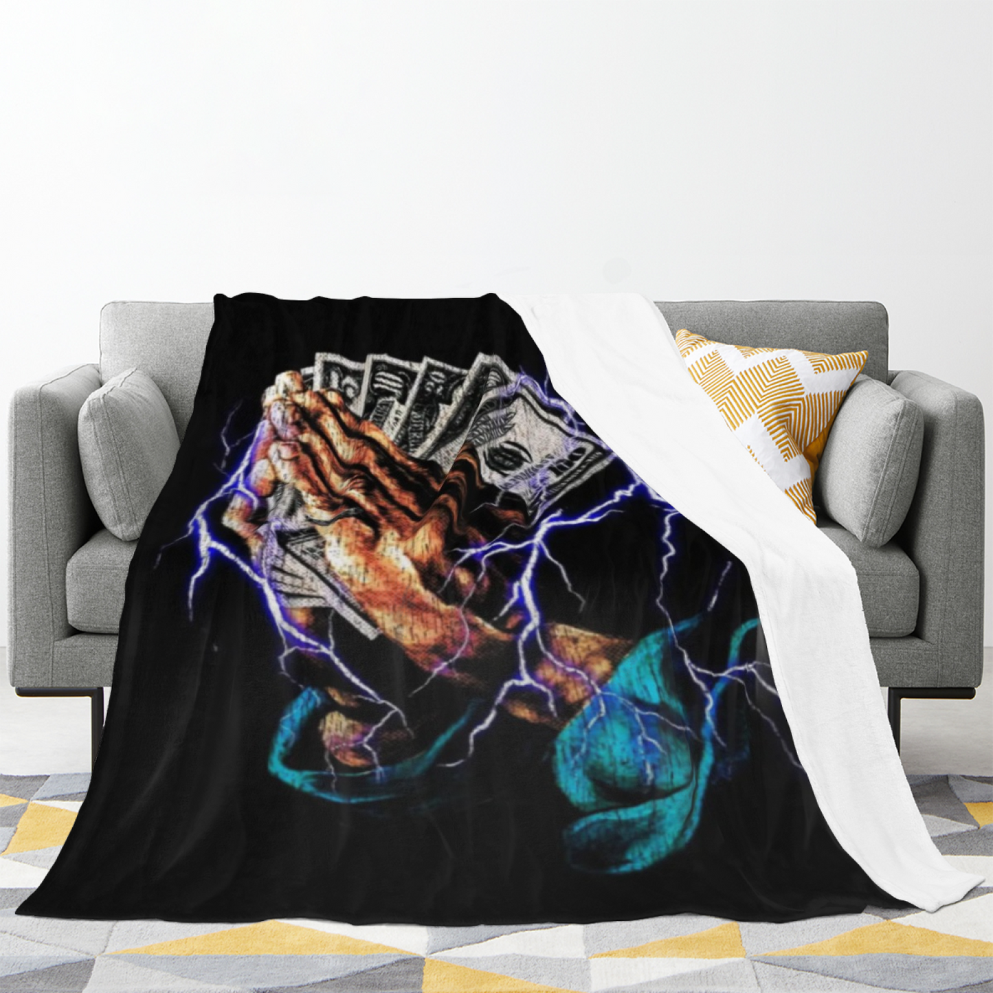 Praying Hands and Money Flannel Throw Blanket ¨C Lightning Streetwear Graphic
