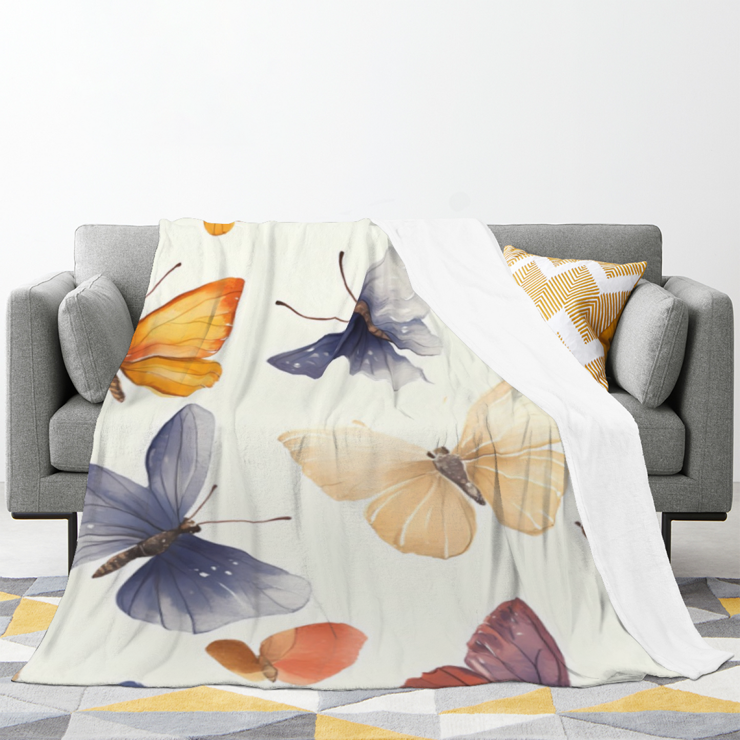 Vintage Butterfly Flannel Throw Blanket ¨C Blue, Orange and Yellow Butterfly Art