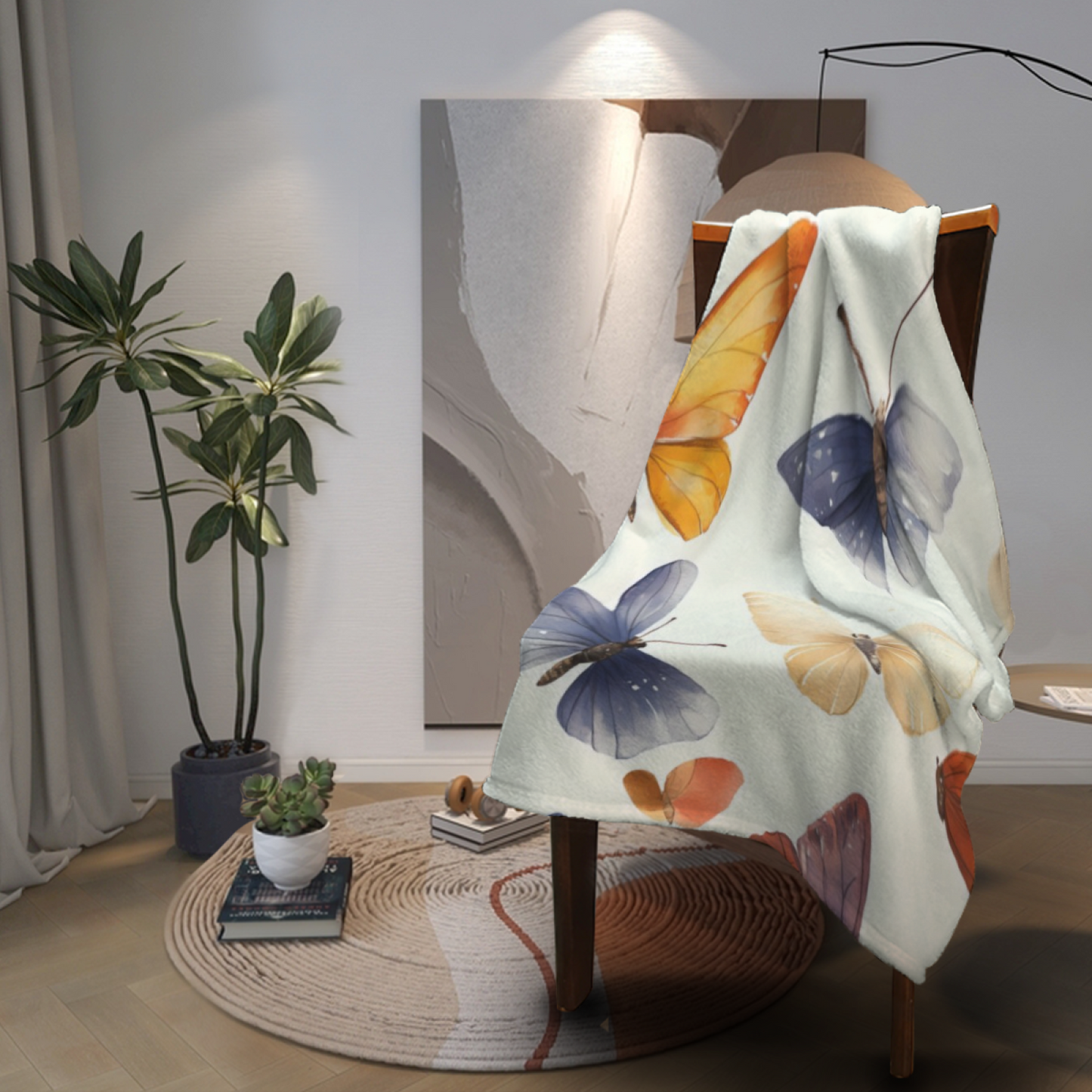 Vintage Butterfly Flannel Throw Blanket ¨C Blue, Orange and Yellow Butterfly Art