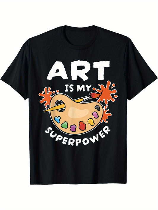 Lightweight, Men's "Art is My Superpower" Graphic T-Shirt - Soft 100% Cotton, Casual & Comfortable Short-Sleeve Tee with Colorful Palette Design - Ideal for Casual Attire & Creative Activities - Great Gift for Art Lovers