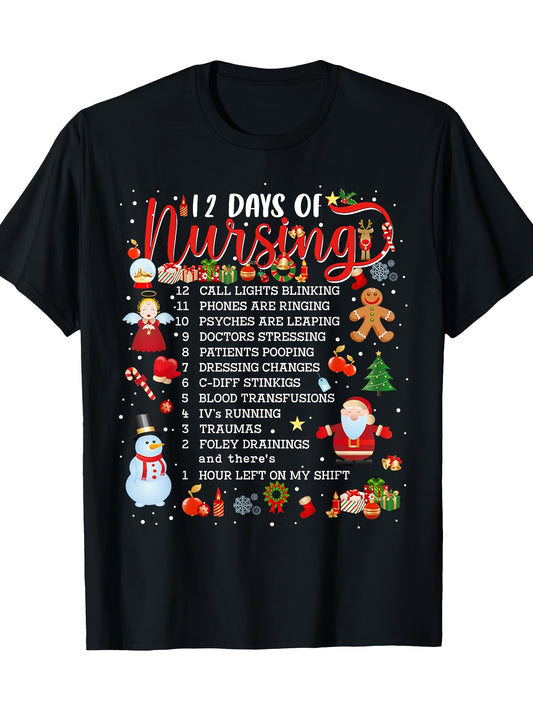 Merry Christmas Nurse-Themed T-Shirt - 100% Cotton, Casual Fit with Geometric Patterns, Machine Washable - Perfect for All Seasons