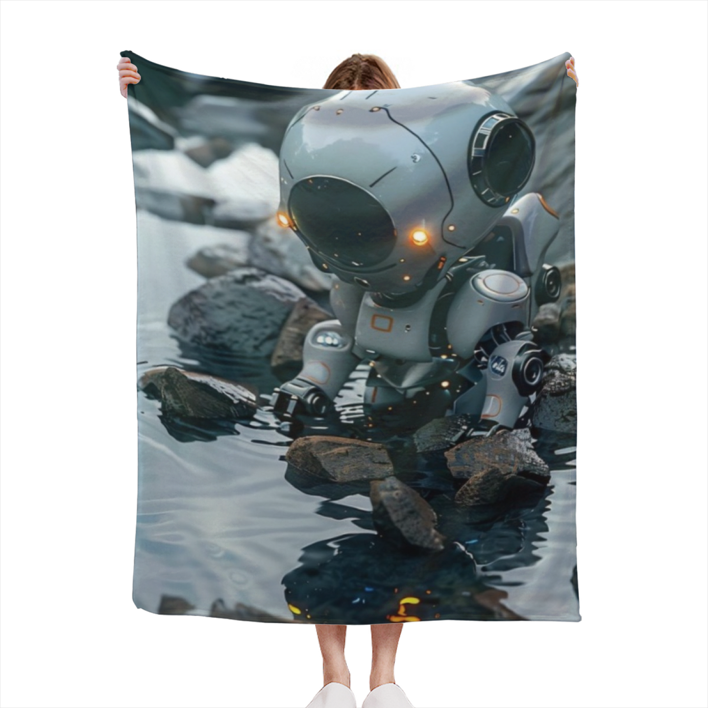 Futuristic Robot Flannel Throw Blanket ¨C Sci-Fi Explorer in a Rocky Stream