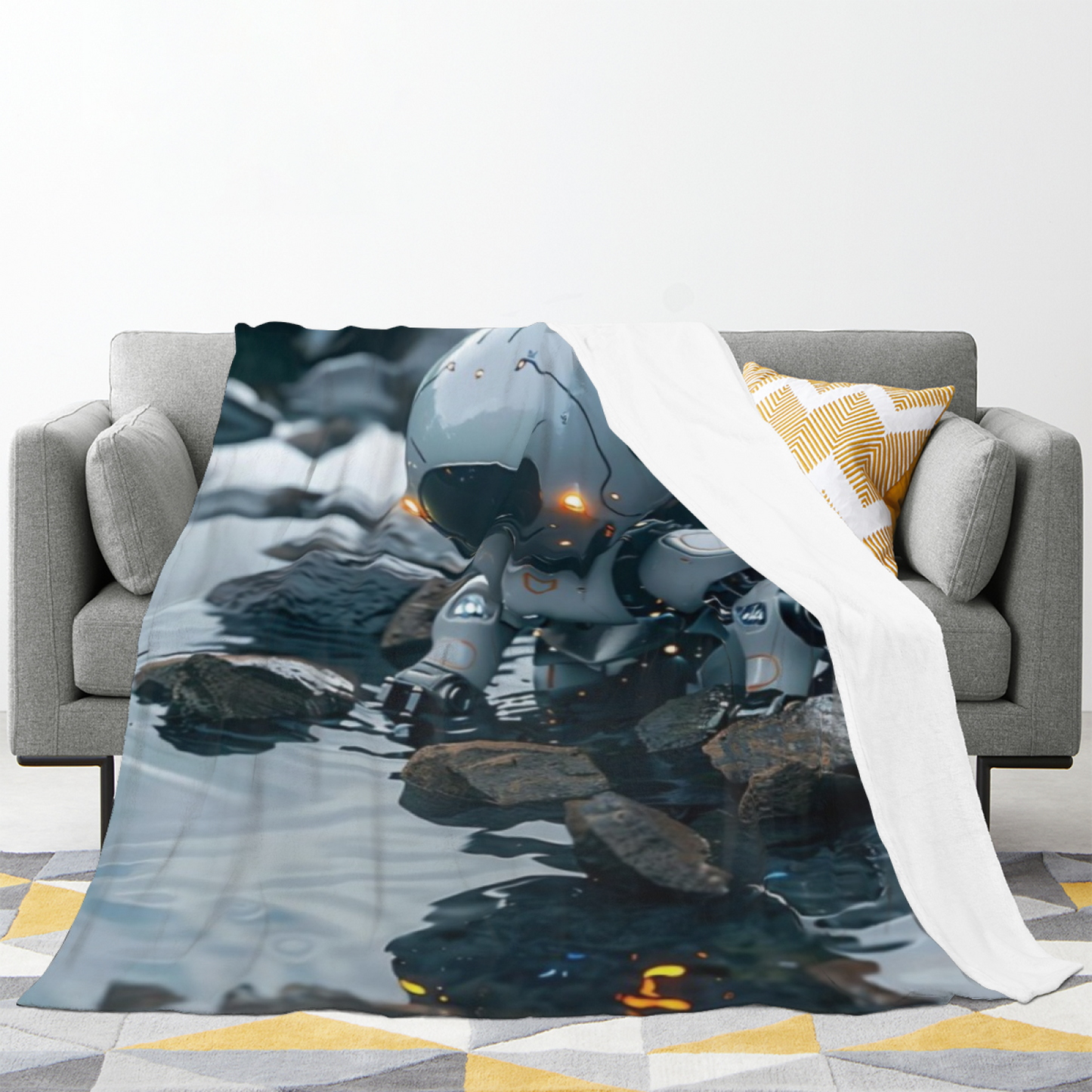 Futuristic Robot Flannel Throw Blanket ¨C Sci-Fi Explorer in a Rocky Stream