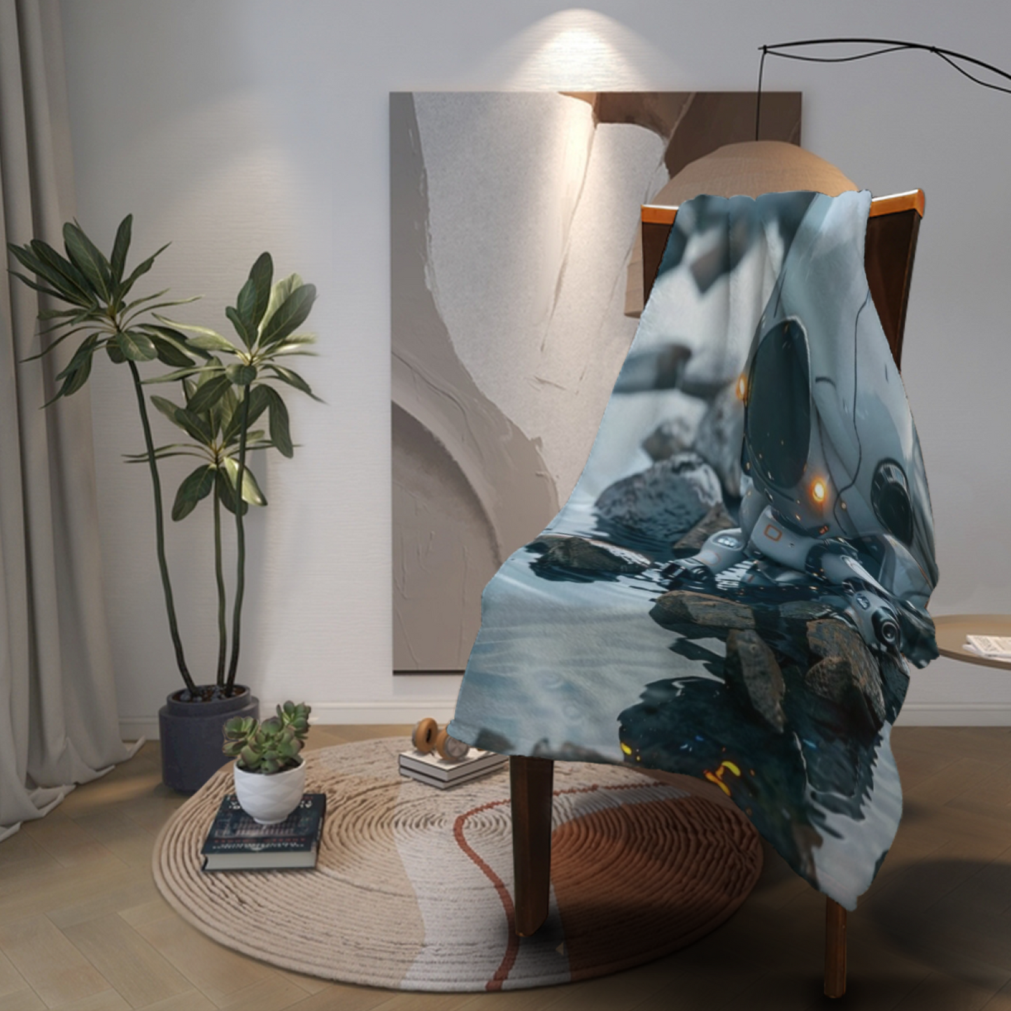 Futuristic Robot Flannel Throw Blanket ¨C Sci-Fi Explorer in a Rocky Stream