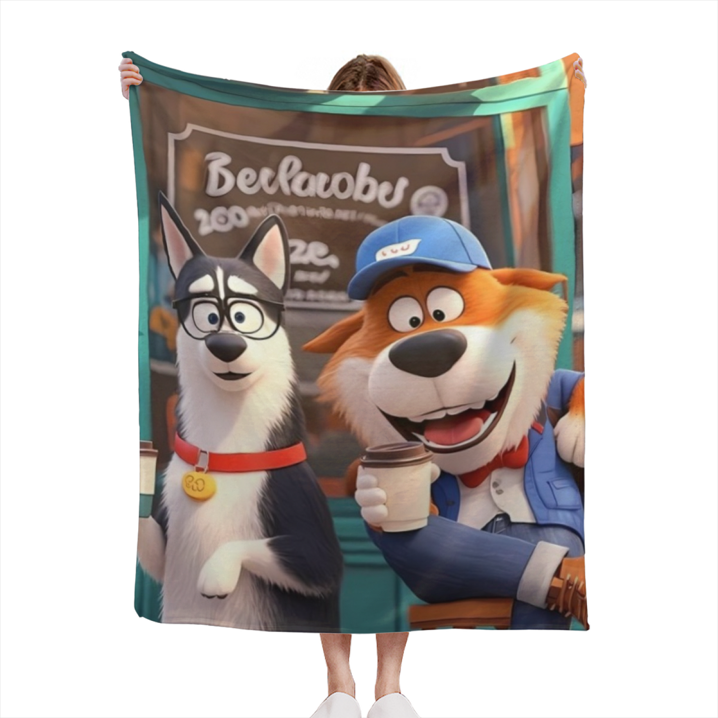 Cartoon Dogs Flannel Throw Blanket ¨C Fun Coffee Shop Adventure Design