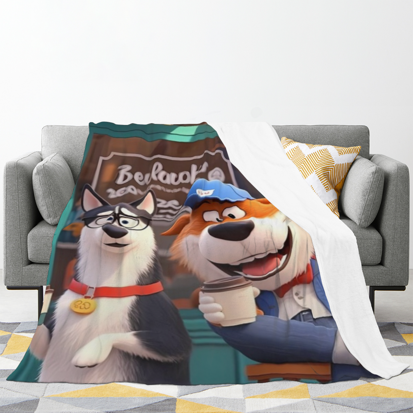 Cartoon Dogs Flannel Throw Blanket ¨C Fun Coffee Shop Adventure Design