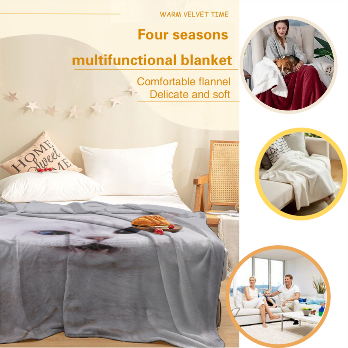 Cinnamon Flora Expressive Print Cozy Flannel Bed Blanket in Creamy Ivory