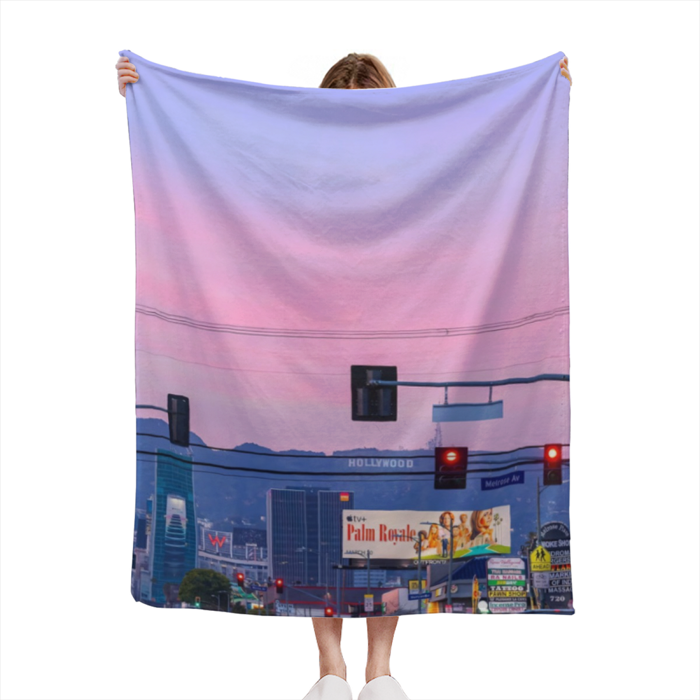 Los Angeles City Sunset Flannel Throw Blanket ¨C Pink Sky and Urban Street Scene