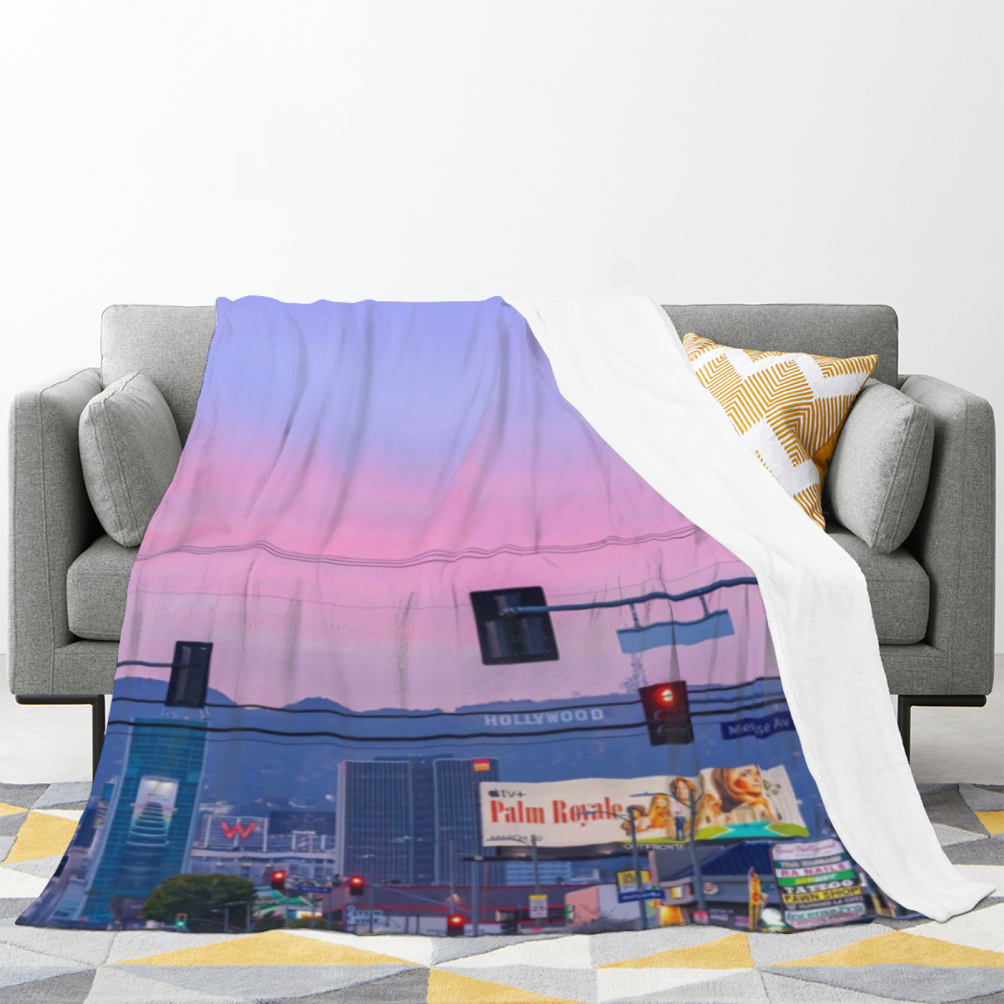 Los Angeles City Sunset Flannel Throw Blanket ¨C Pink Sky and Urban Street Scene