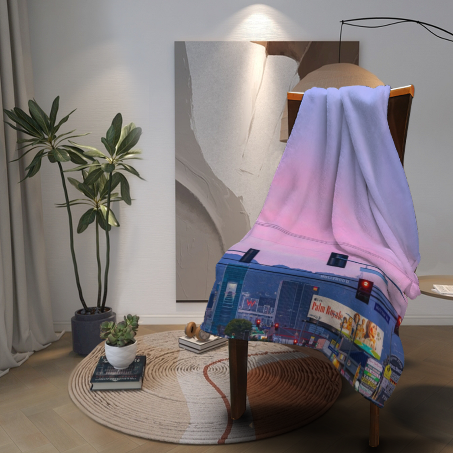 Los Angeles City Sunset Flannel Throw Blanket ¨C Pink Sky and Urban Street Scene