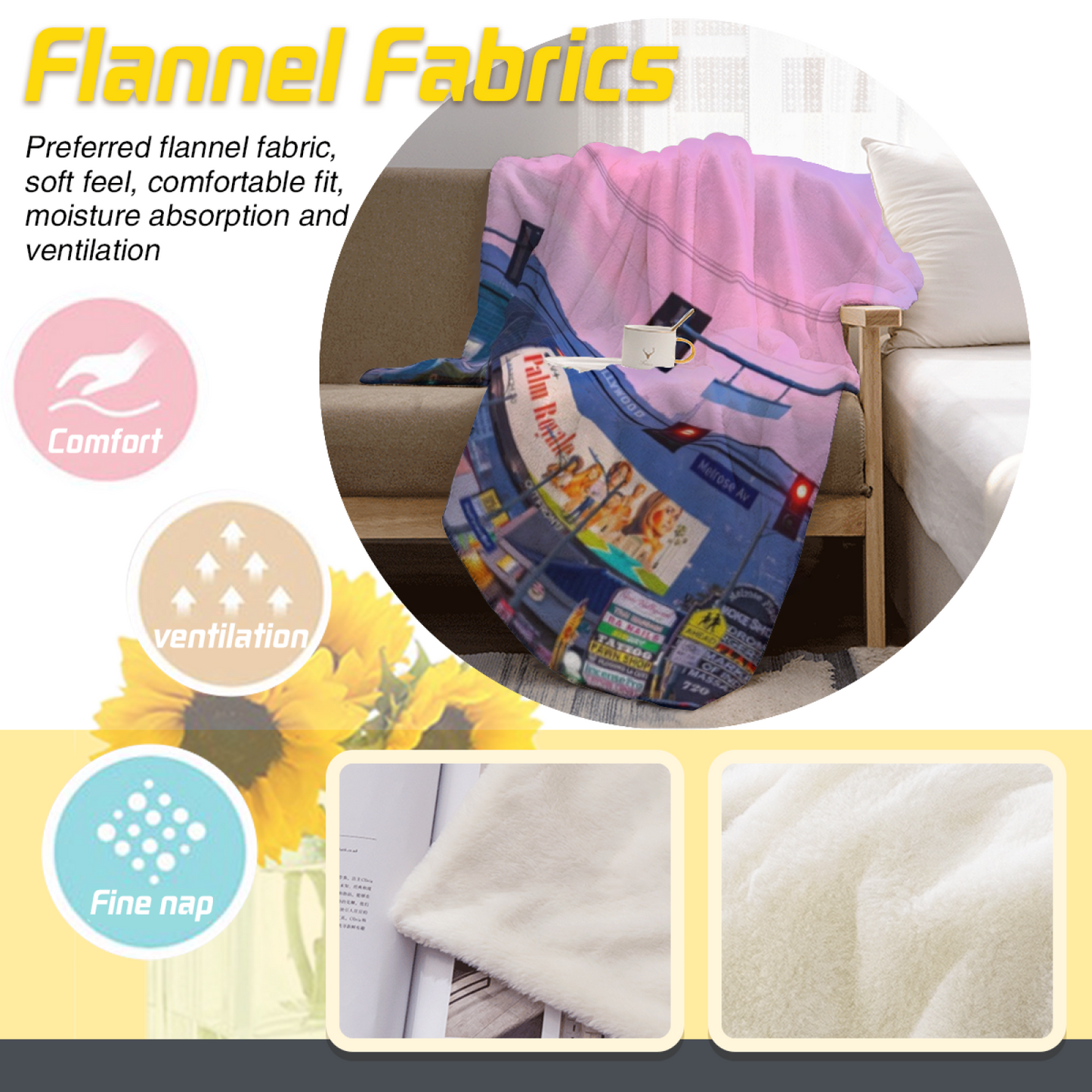 Los Angeles City Sunset Flannel Throw Blanket ¨C Pink Sky and Urban Street Scene