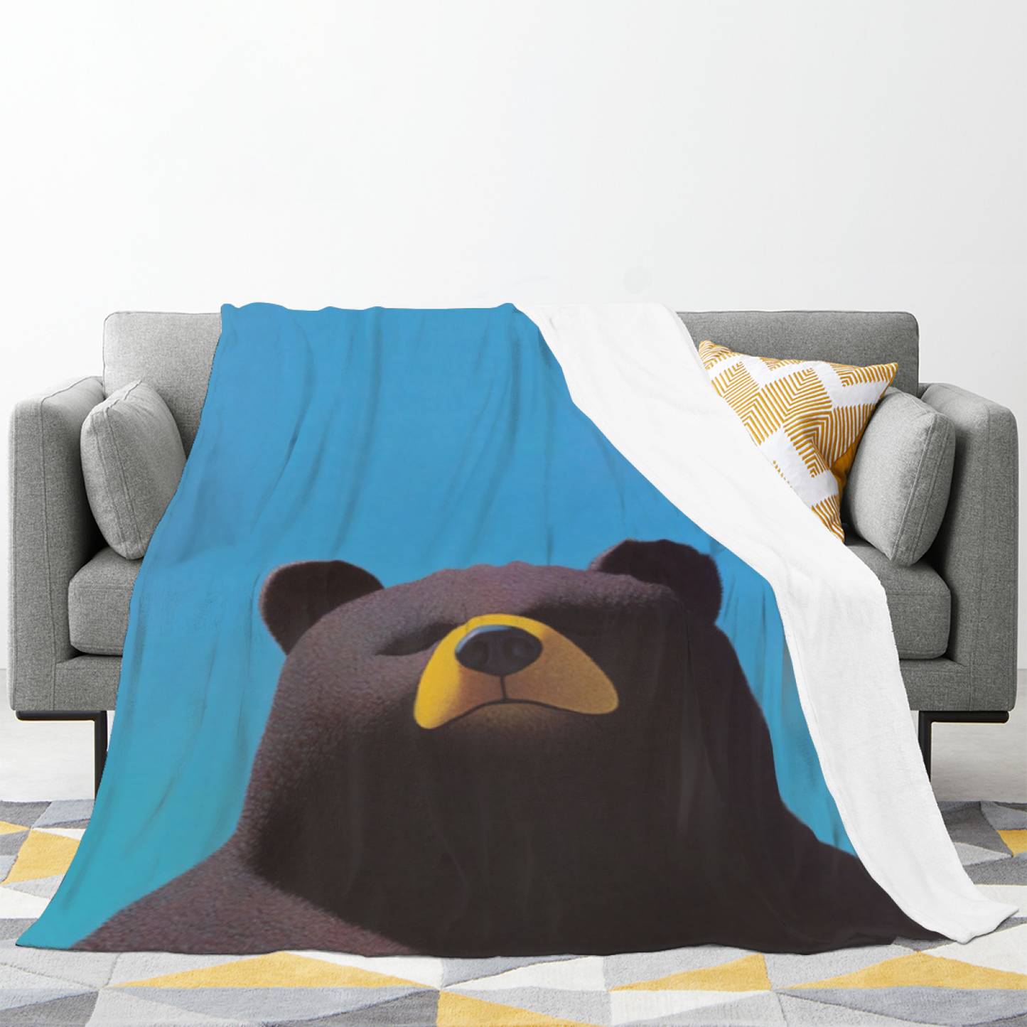 Cute Brown Bear Flannel Throw Blanket ¨C Simple Blue Background Animal Design