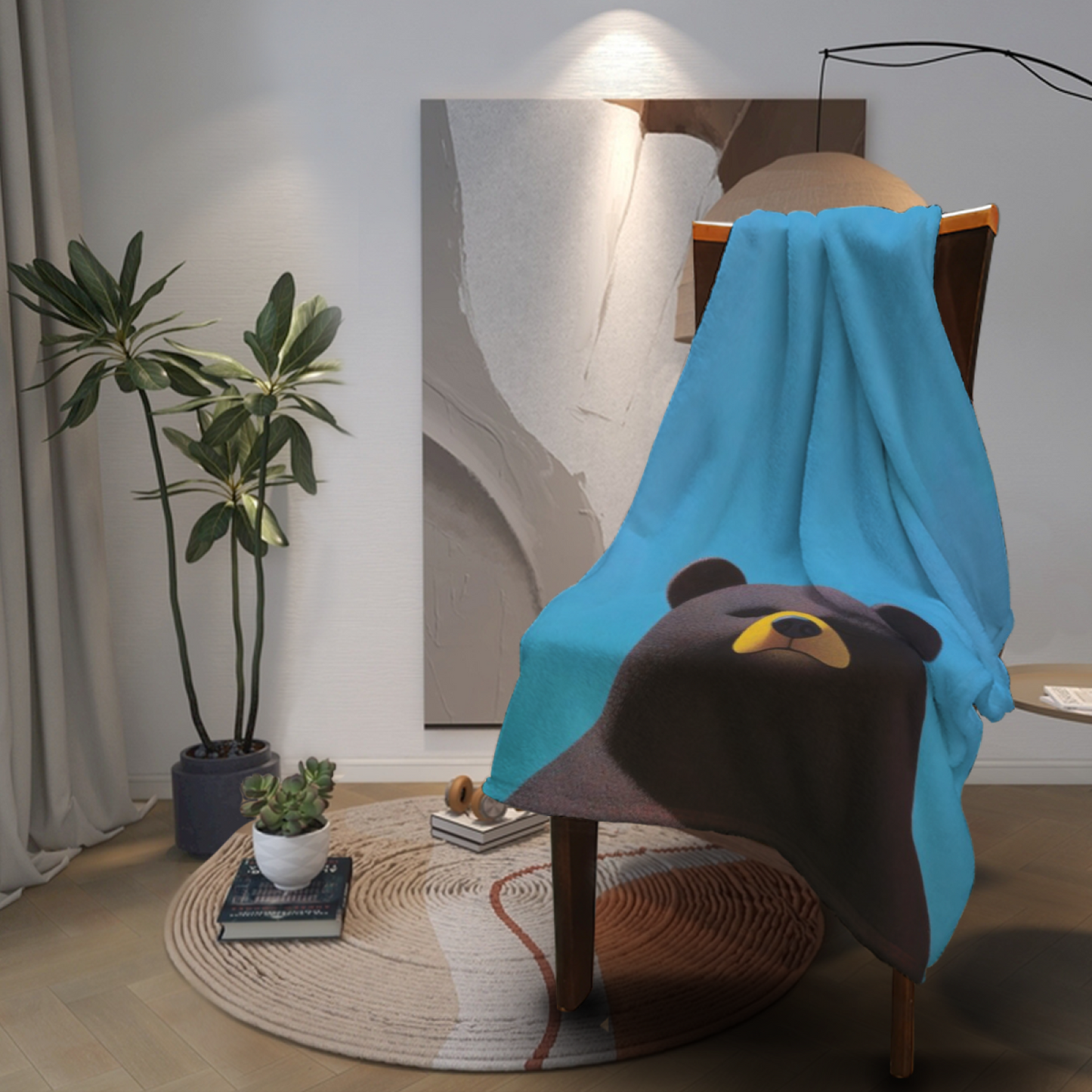 Cute Brown Bear Flannel Throw Blanket ¨C Simple Blue Background Animal Design