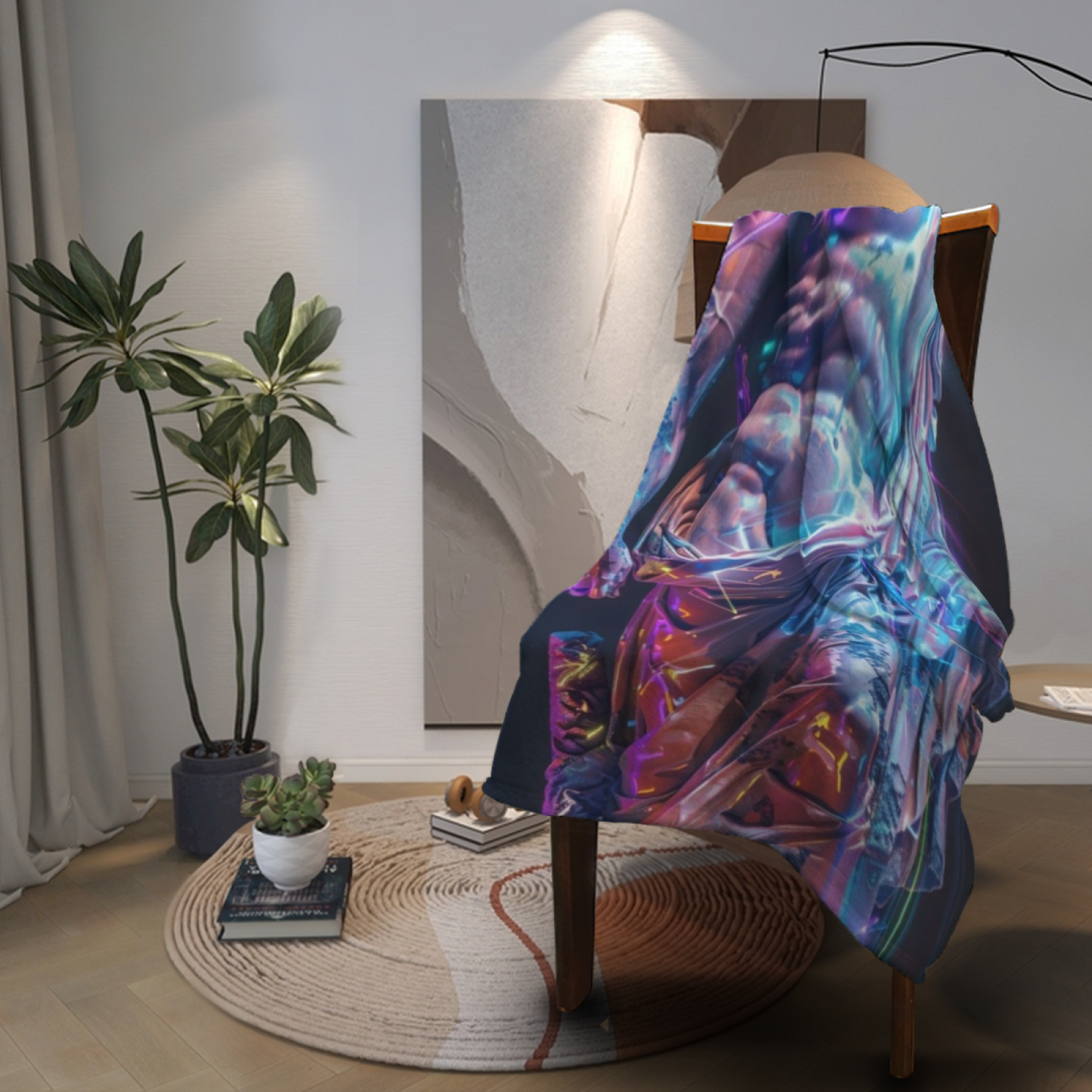 Cyberpunk Marble Warrior Flannel Throw Blanket ¨C Purple and Blue Digital Art