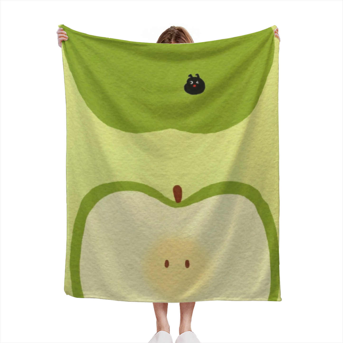 Green Apple Character Flannel Throw Blanket ¨C Cute Kawaii Fruit Design