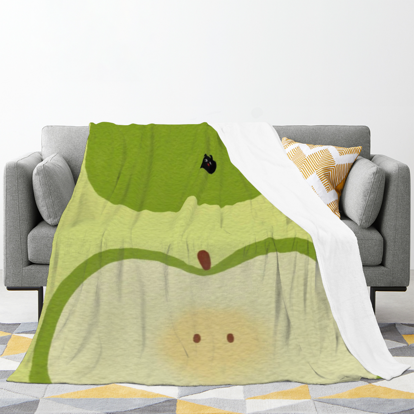 Green Apple Character Flannel Throw Blanket ¨C Cute Kawaii Fruit Design