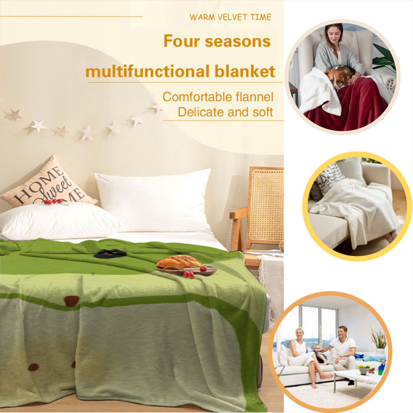 Green Apple Character Flannel Throw Blanket ¨C Cute Kawaii Fruit Design