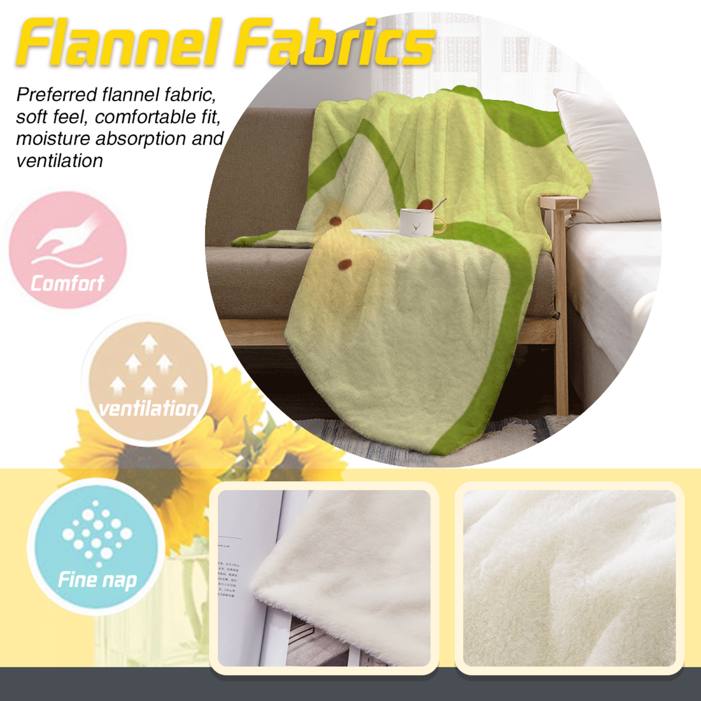 Green Apple Character Flannel Throw Blanket ¨C Cute Kawaii Fruit Design