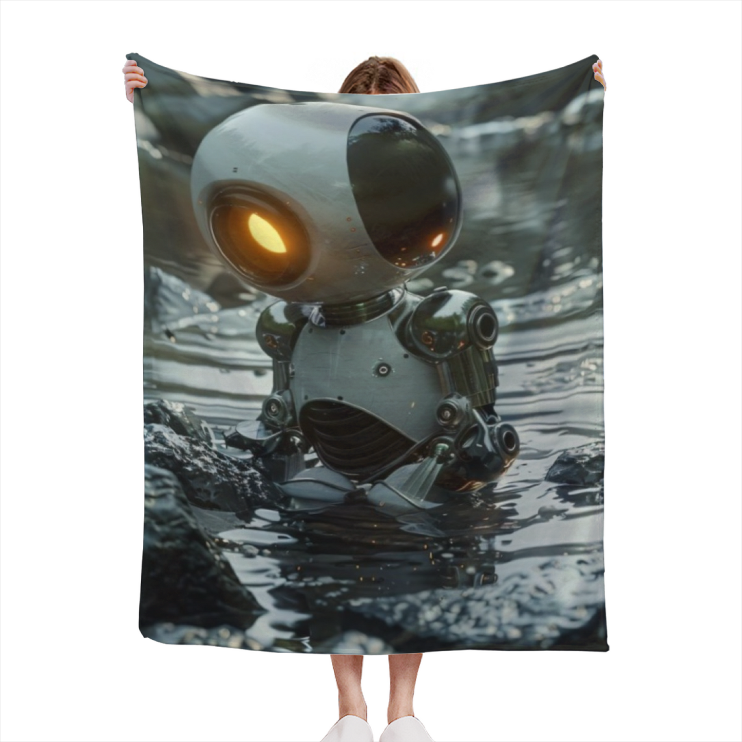 Small Robot Flannel Throw Blanket ¨C Futuristic Character in Water
