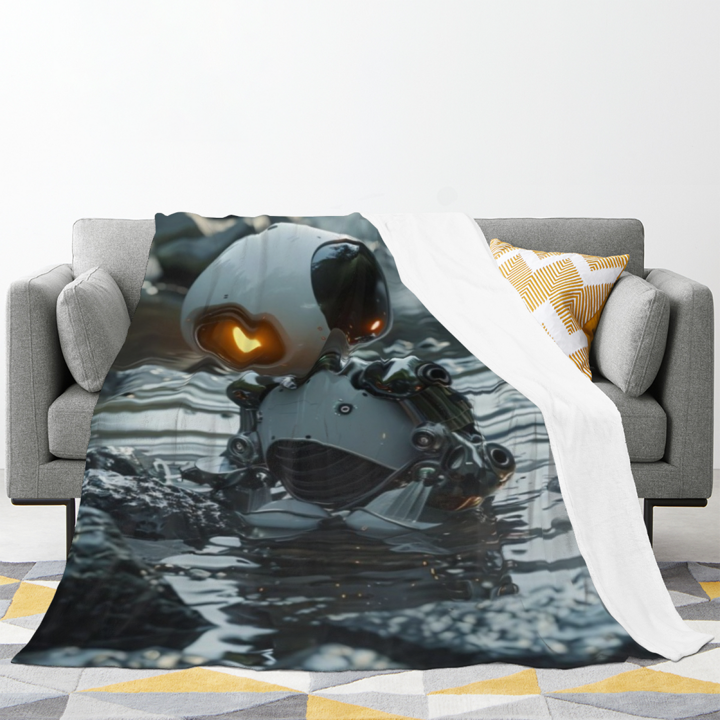 Small Robot Flannel Throw Blanket ¨C Futuristic Character in Water
