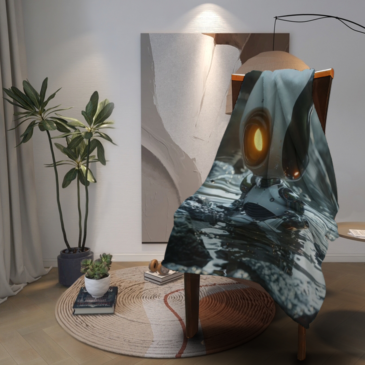 Small Robot Flannel Throw Blanket ¨C Futuristic Character in Water
