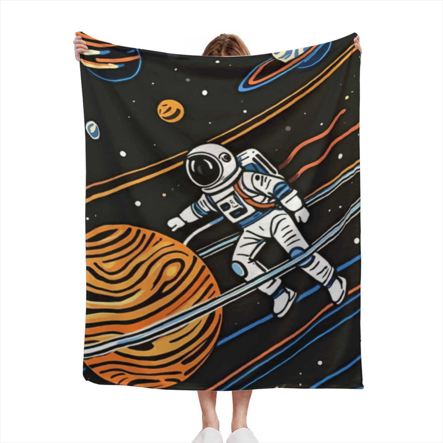 Space Astronaut Flannel Throw Blanket ¨C Retro Cartoon Galaxy Adventure