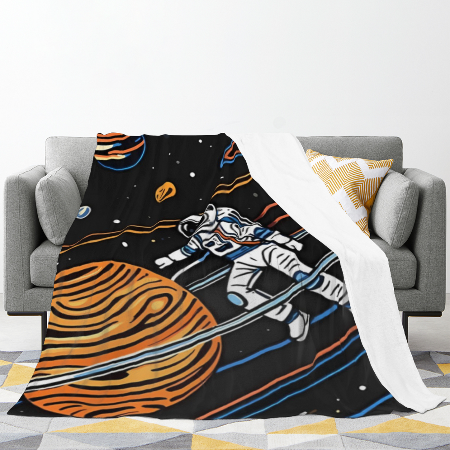 Space Astronaut Flannel Throw Blanket ¨C Retro Cartoon Galaxy Adventure