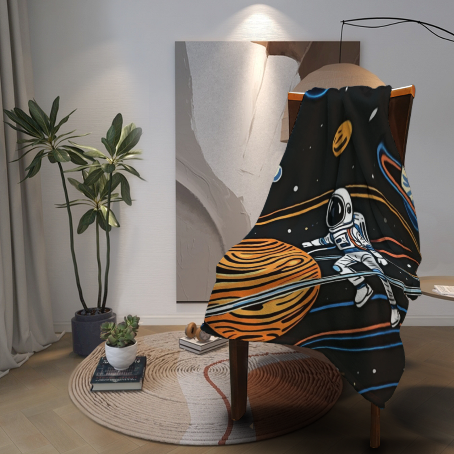 Space Astronaut Flannel Throw Blanket ¨C Retro Cartoon Galaxy Adventure