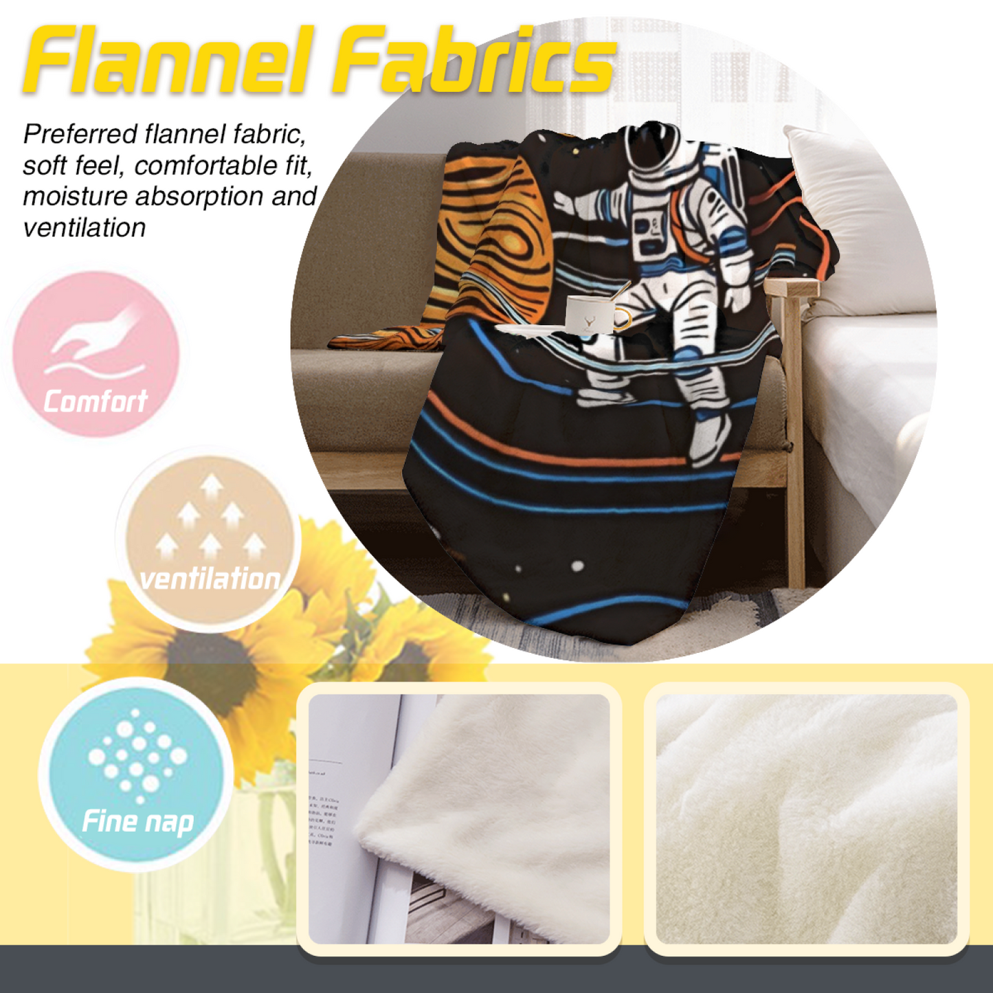 Space Astronaut Flannel Throw Blanket ¨C Retro Cartoon Galaxy Adventure