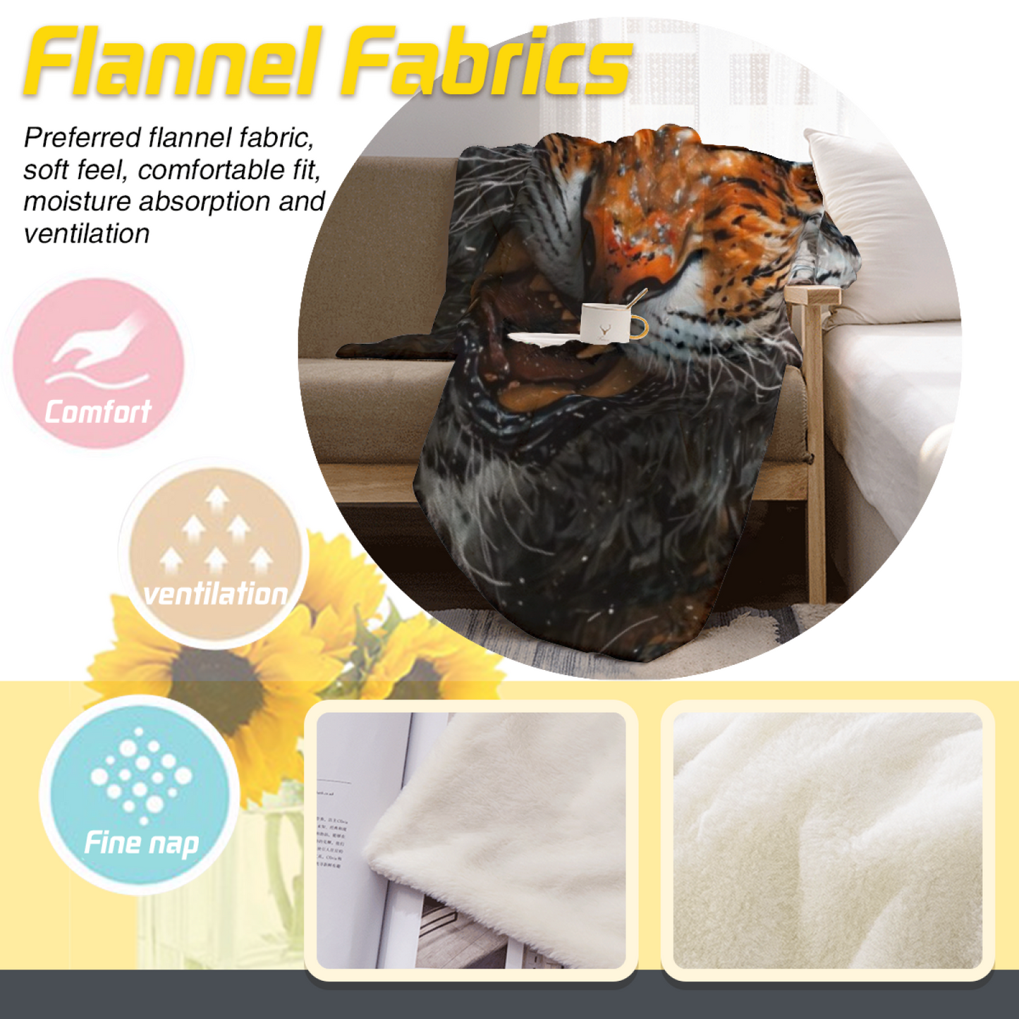 Monochrome Tiger Eye Flannel Throw Blanket ¨C Close-Up Wildlife Print