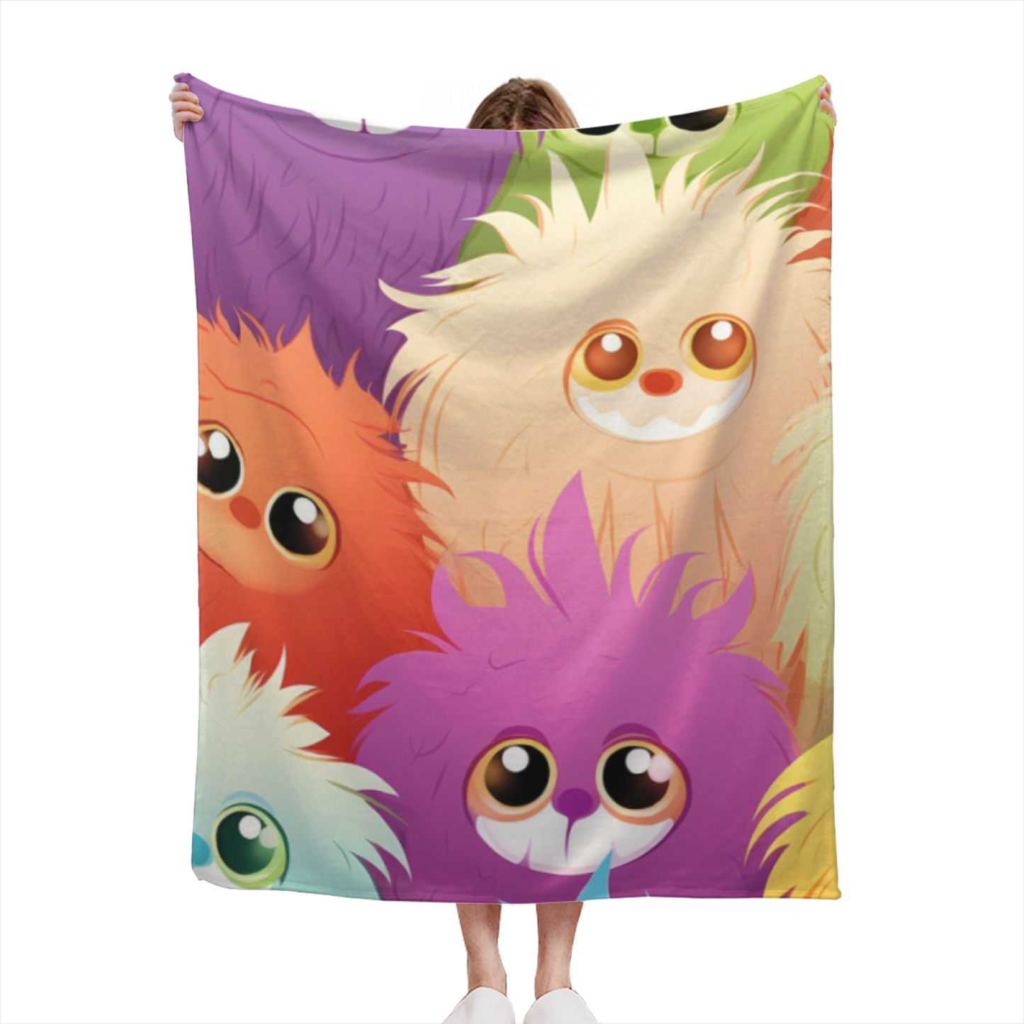 Cute Furry Monster Flannel Throw Blanket ¨C Colorful Kawaii Character Pattern