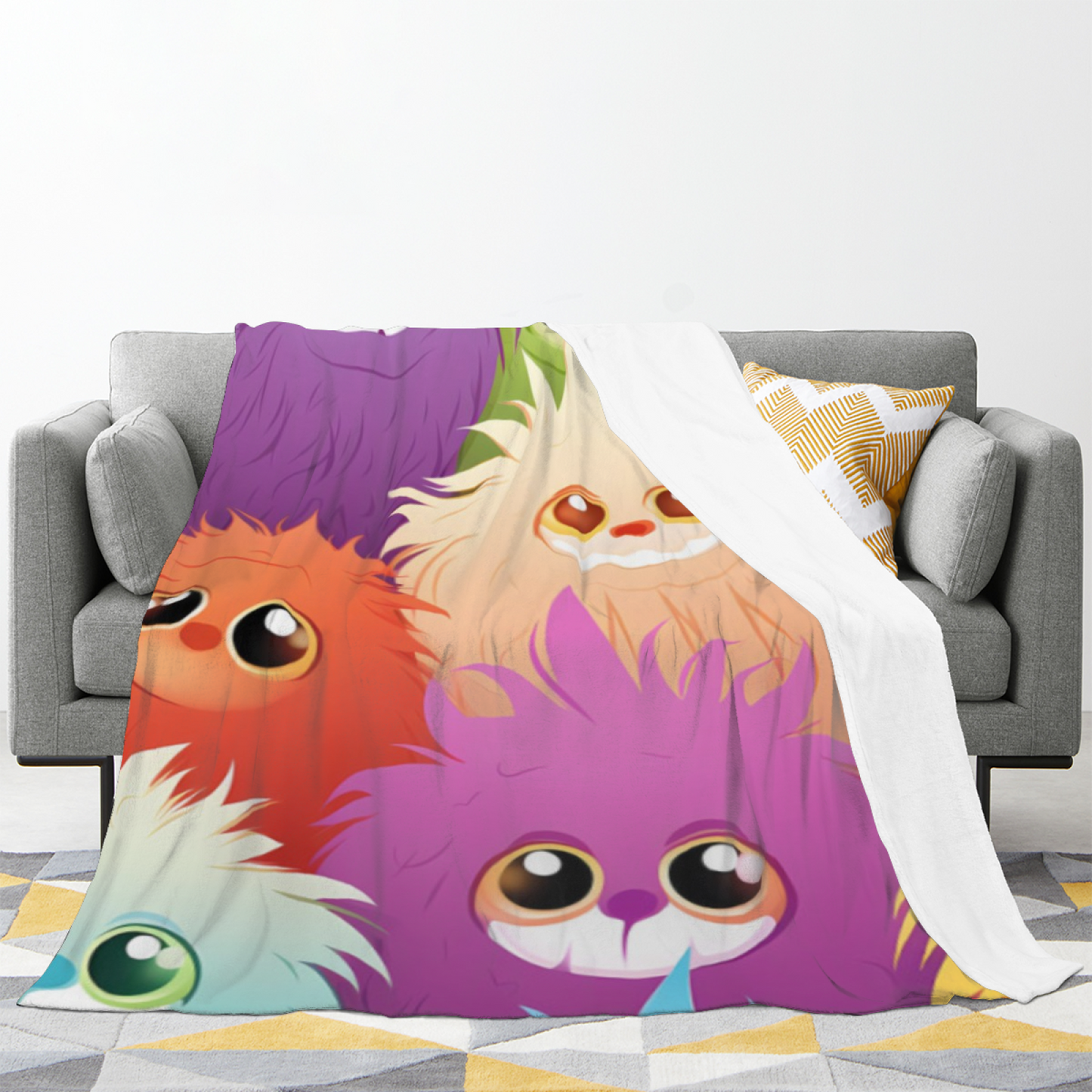 Cute Furry Monster Flannel Throw Blanket ¨C Colorful Kawaii Character Pattern