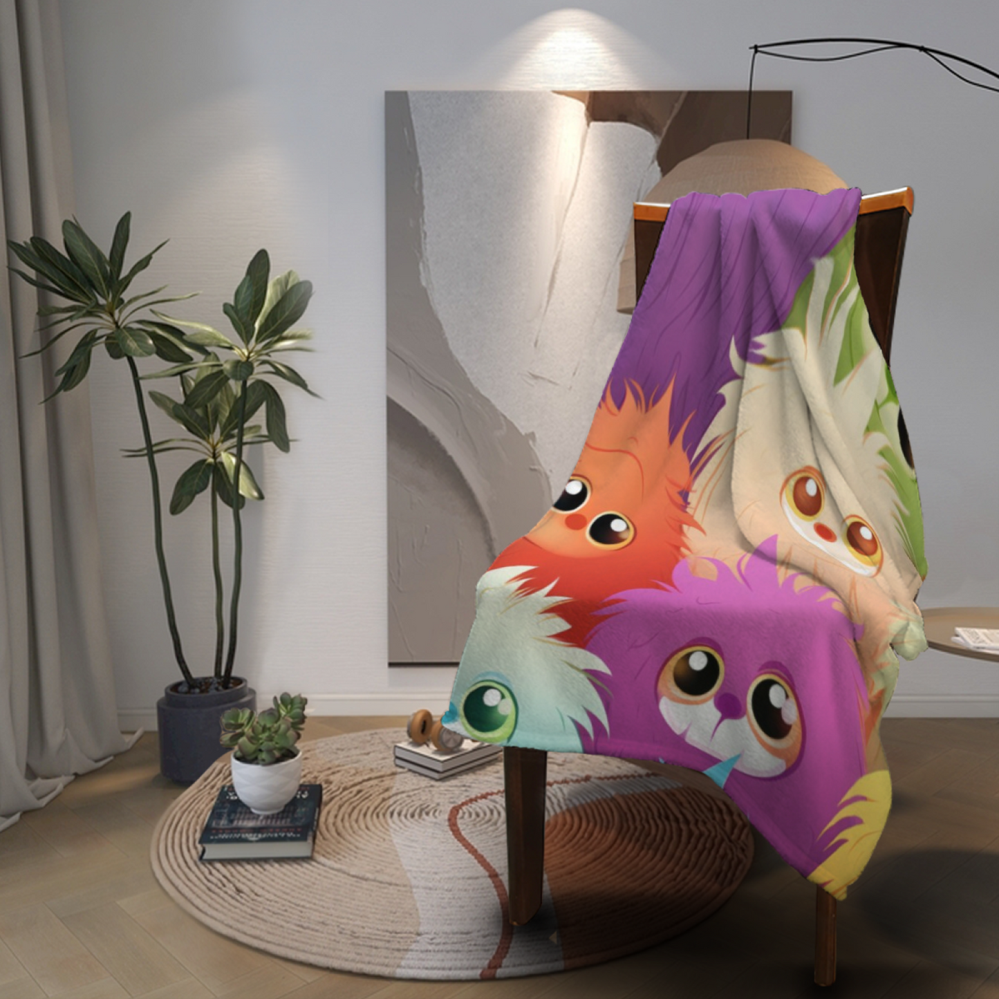 Cute Furry Monster Flannel Throw Blanket ¨C Colorful Kawaii Character Pattern