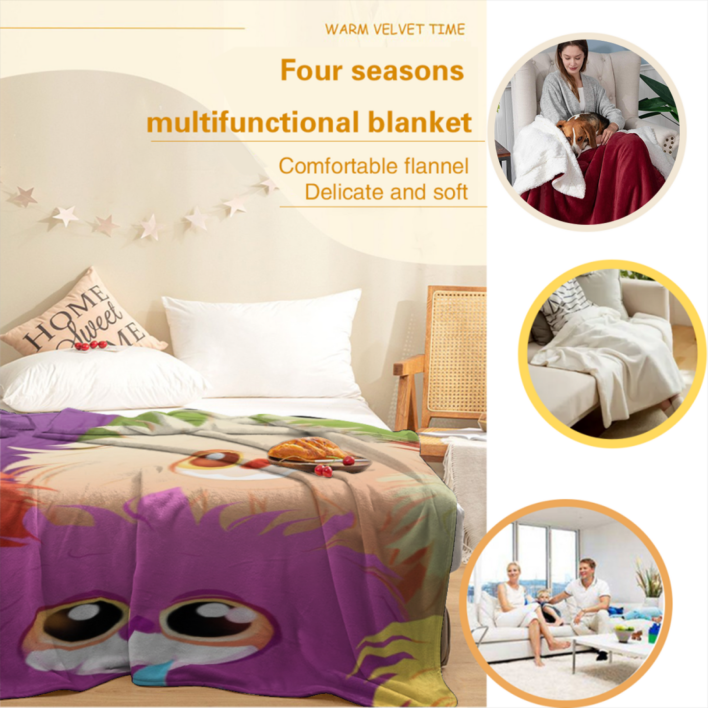 Cute Furry Monster Flannel Throw Blanket ¨C Colorful Kawaii Character Pattern