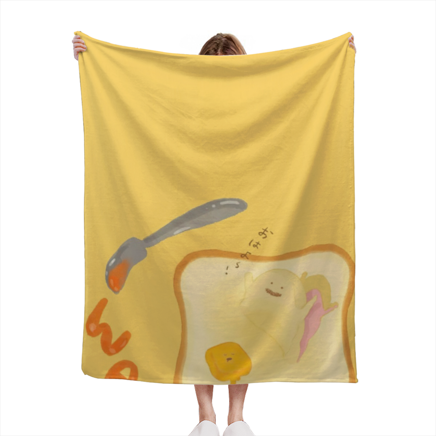 Cute Green Character Flannel Throw Blanket ¨C Kawaii Food and Fruit Patchwork