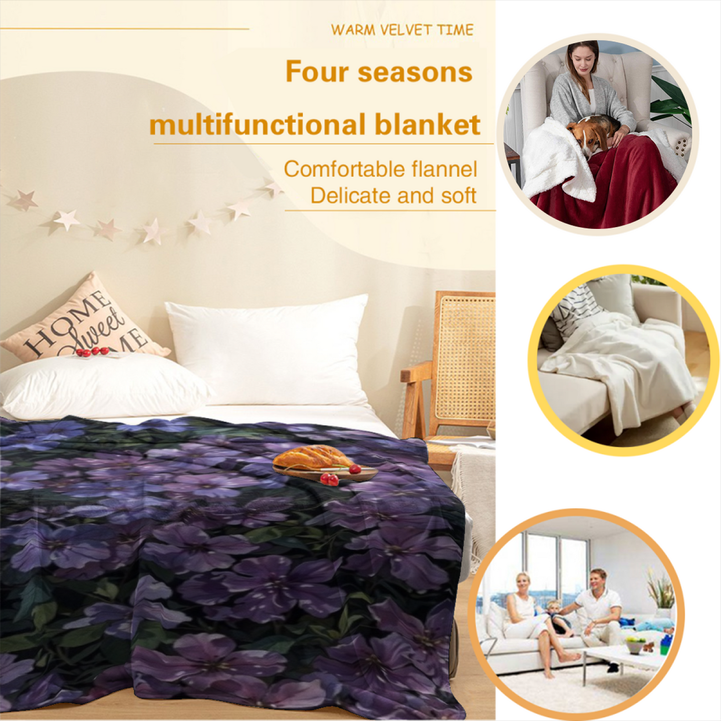 Purple Wildflower Flannel Throw Blanket ¨C Rich Botanical Garden Print