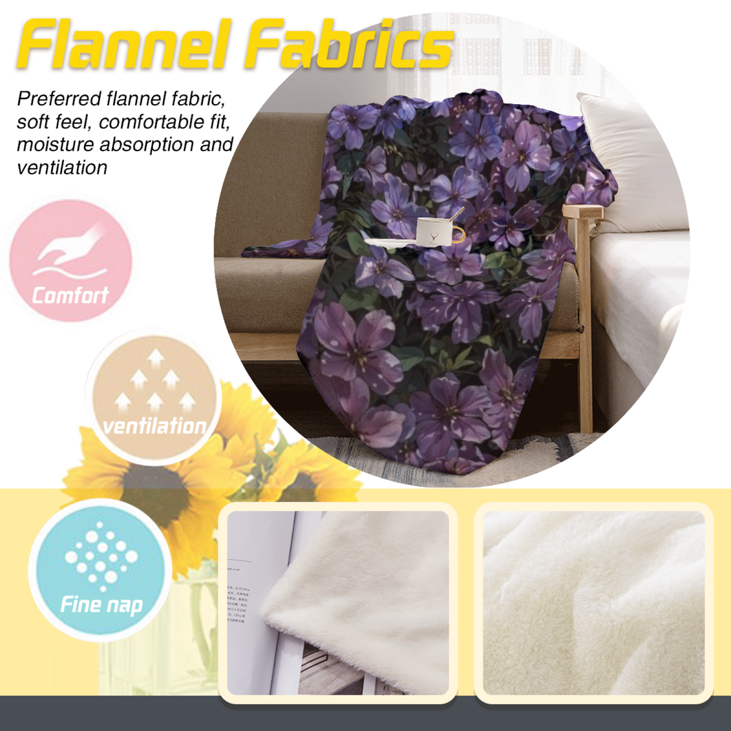 Purple Wildflower Flannel Throw Blanket ¨C Rich Botanical Garden Print