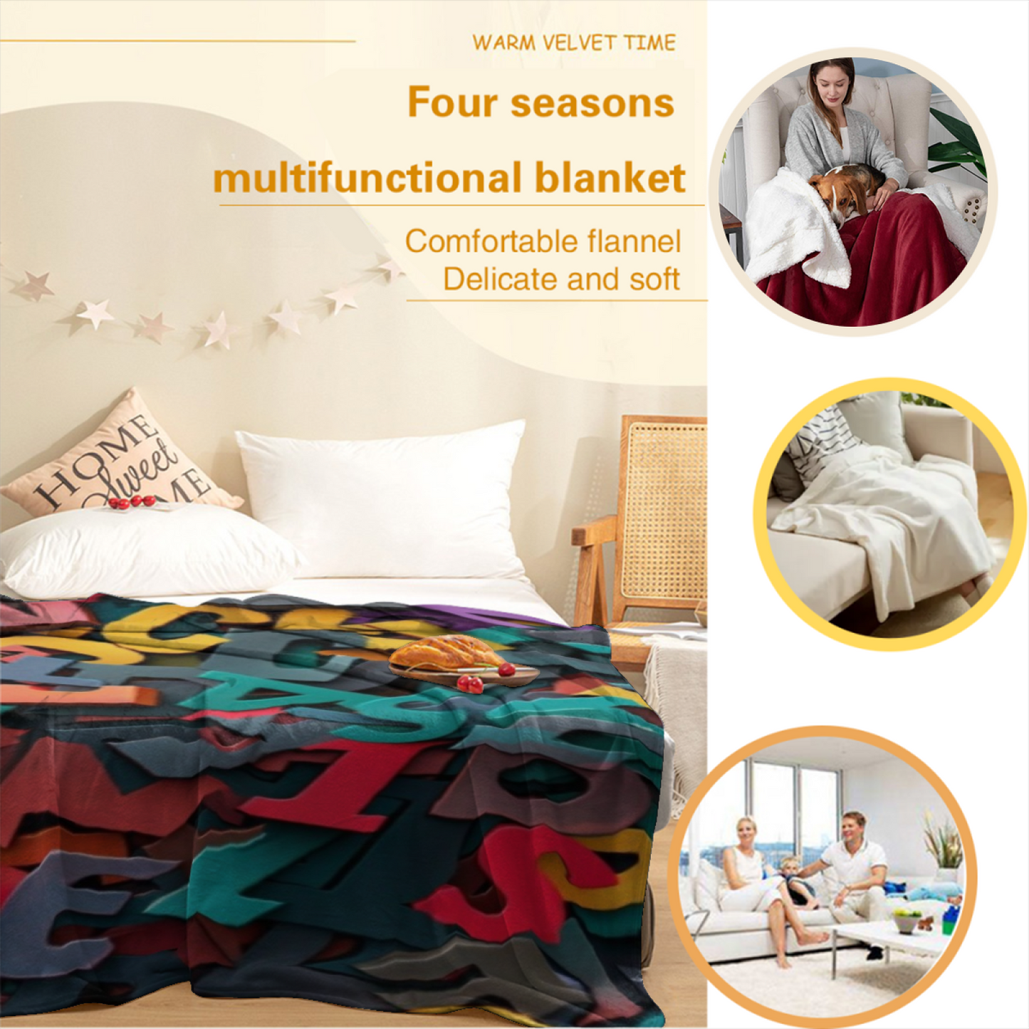 Colorful Alphabet Flannel Throw Blanket ¨C Playful Multicolor Letter Design
