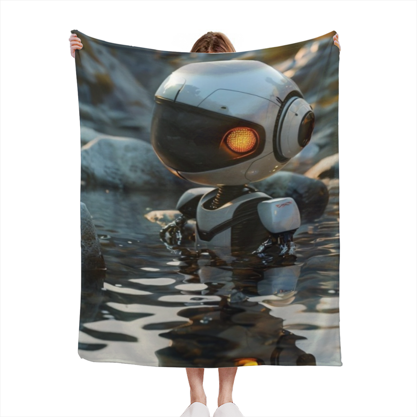 Futuristic Robot Flannel Throw Blanket ¨C Sci-Fi Explorer in Water