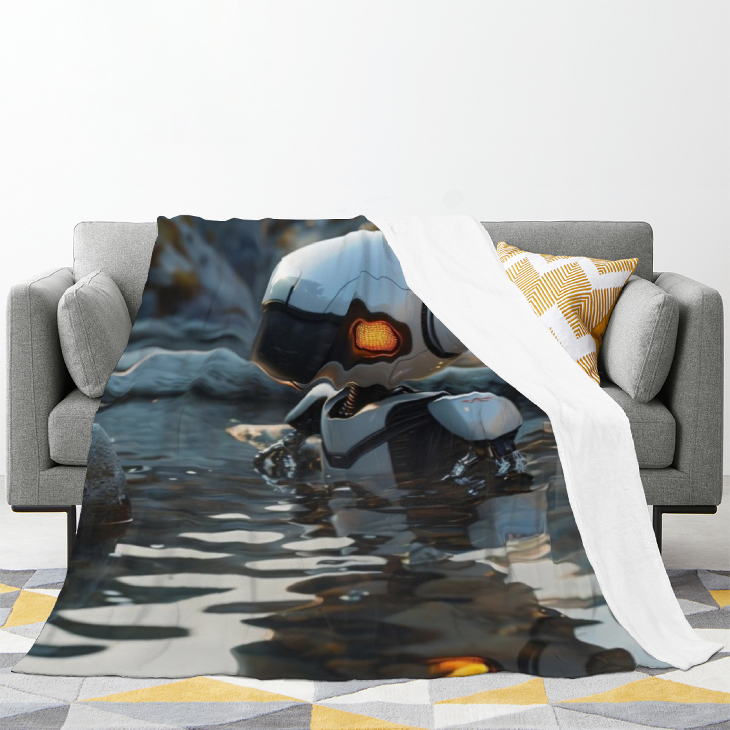 Futuristic Robot Flannel Throw Blanket ¨C Sci-Fi Explorer in Water