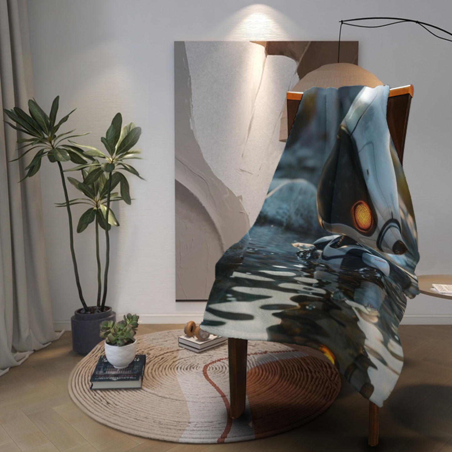 Futuristic Robot Flannel Throw Blanket ¨C Sci-Fi Explorer in Water