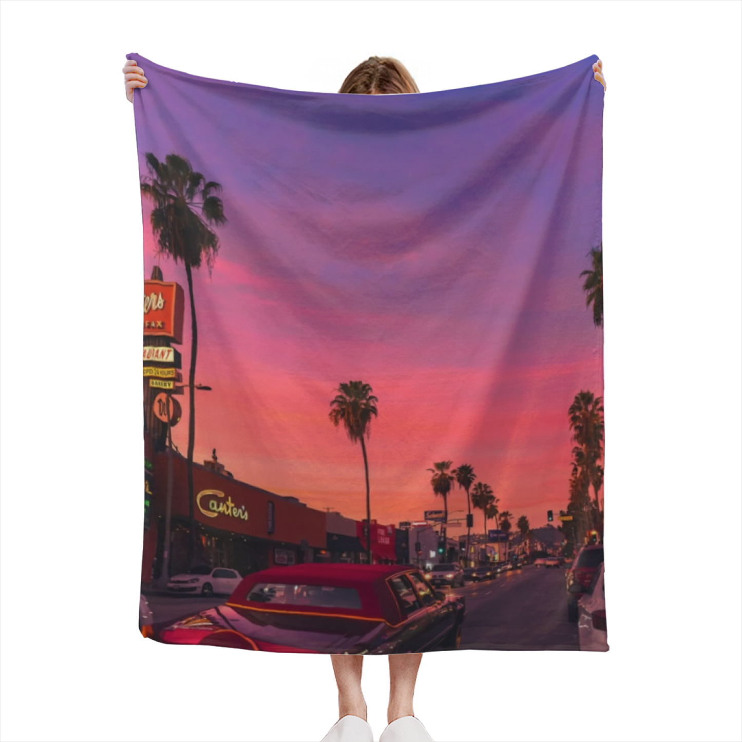 Los Angeles Sunset Street Flannel Throw Blanket ¨C Palm Trees and Cityscape