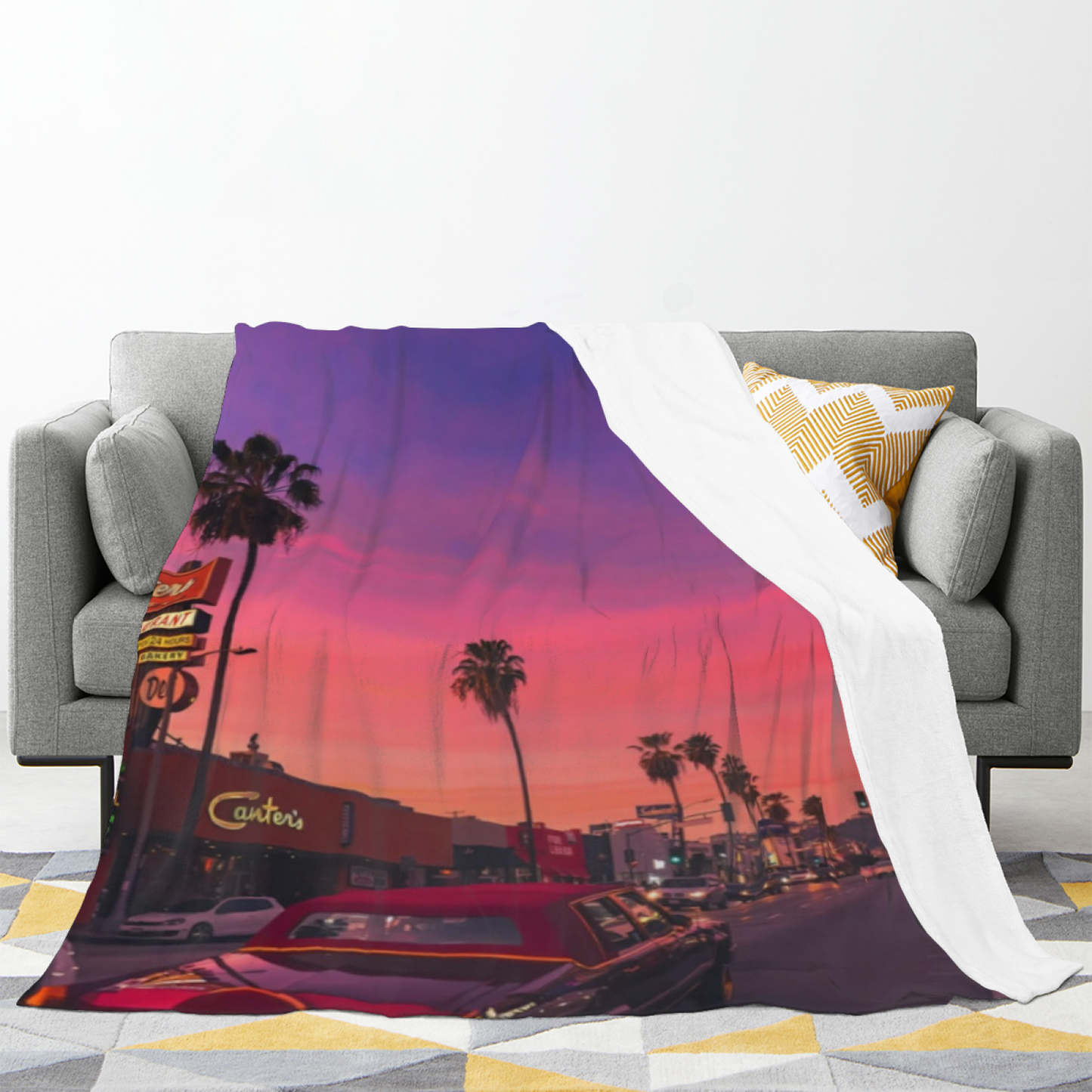 Los Angeles Sunset Street Flannel Throw Blanket ¨C Palm Trees and Cityscape